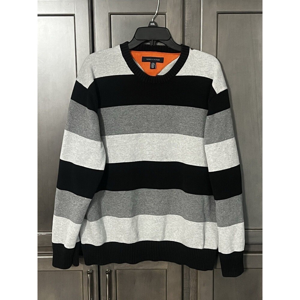 Tommy Hilfiger Rugby Striped Crewneck Sweater Men's XXL Gray/Black